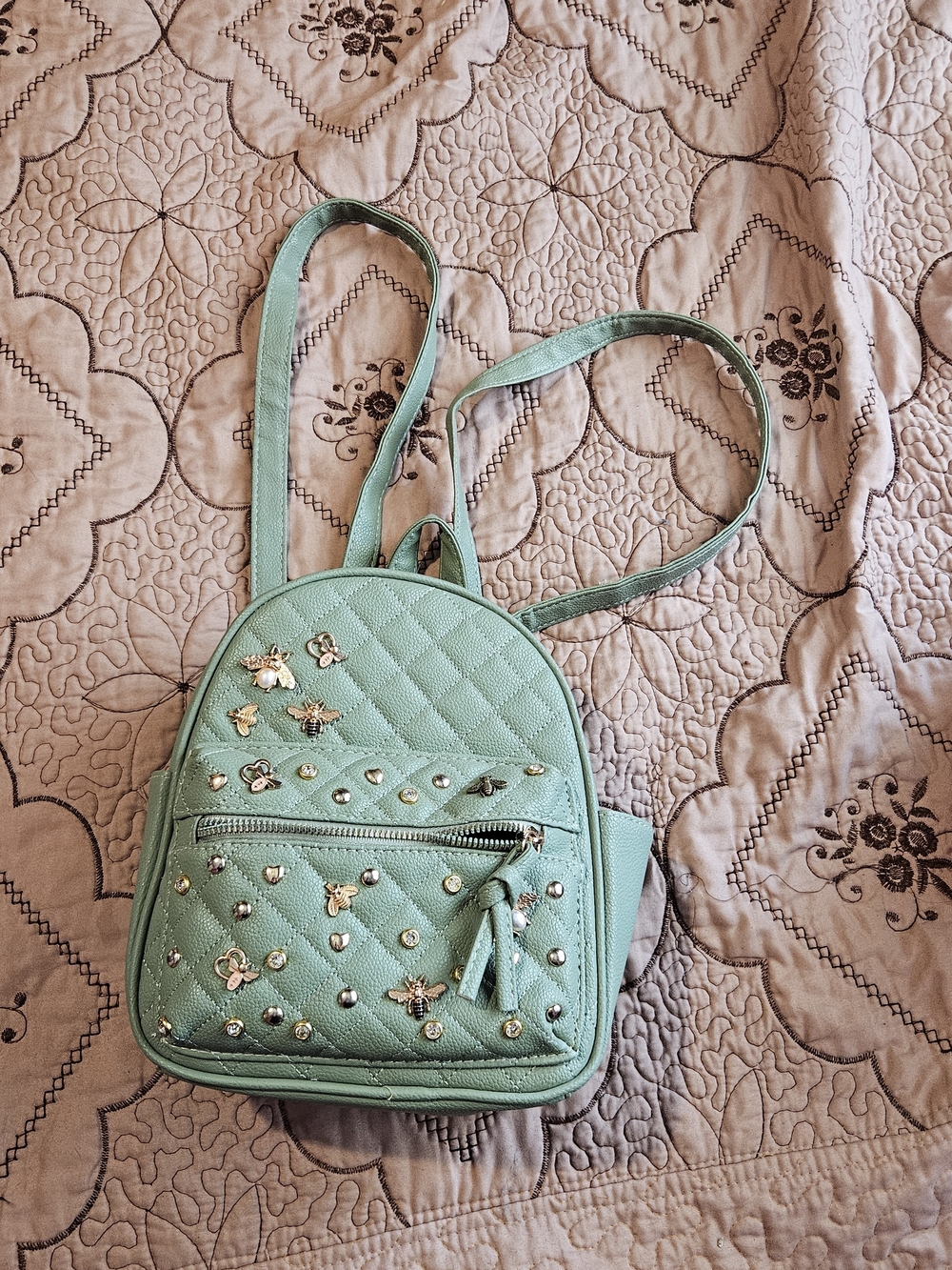 Hot Topic Mint Green Quilted Mini Backpack with Bee & Gem Studs